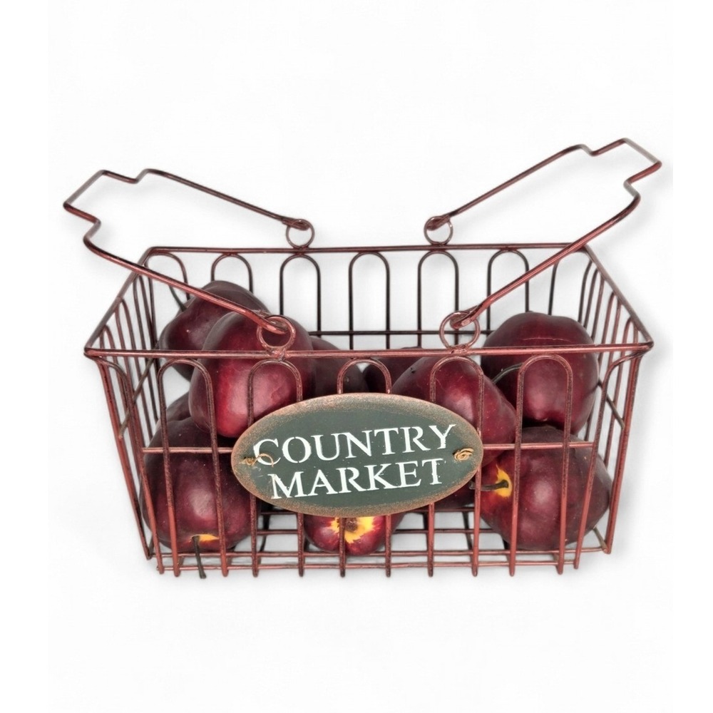 Country Market Red Metal Basket Faux Fake Red‎ Apples Farmhouse Primitive Decor